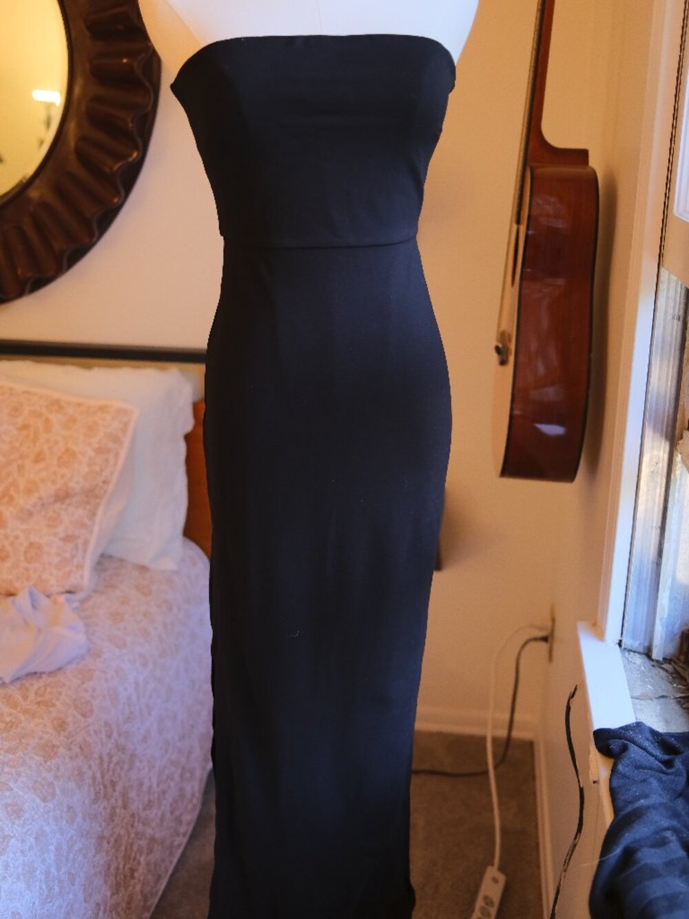 NBD Strapless Black Bodycon Midi Dress Slit Boned Bodice Size S